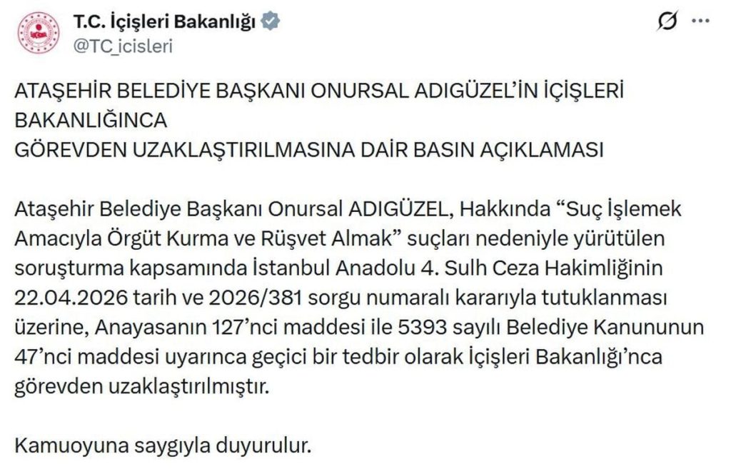 Ataşehir Belediye Başkanı Adıgüzel görevden uzaklaştırıldı