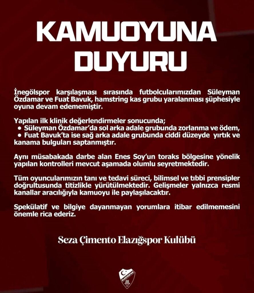 Elazığspor'dan sakat futbolculara ilişkin açıklama