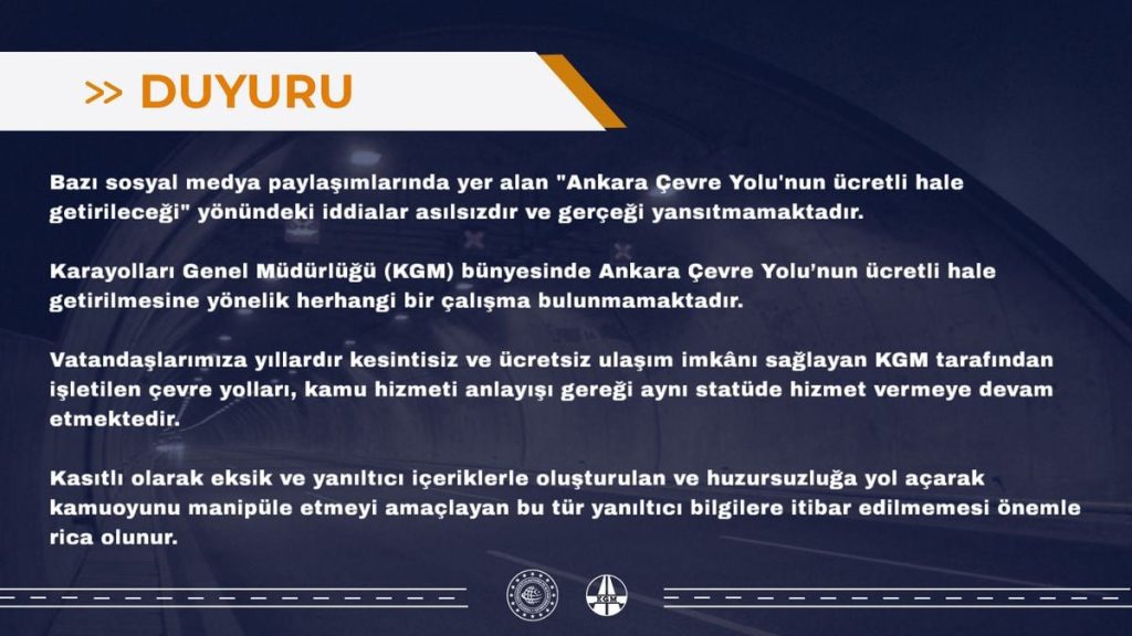 KGM, 'Ankara Çevre Yolu'nun ücretli hale getirileceği' iddialarının asılsız olduğunu duyurdu
