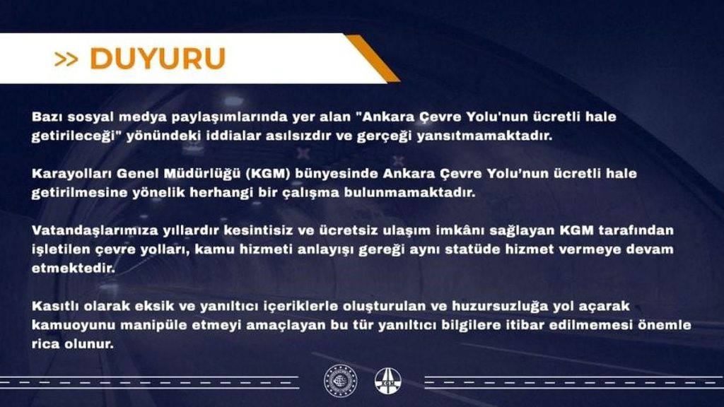 KGM'den "Ankara Çevre Yolu'nun ücretli hale getirileceği" iddialarına yalanlama